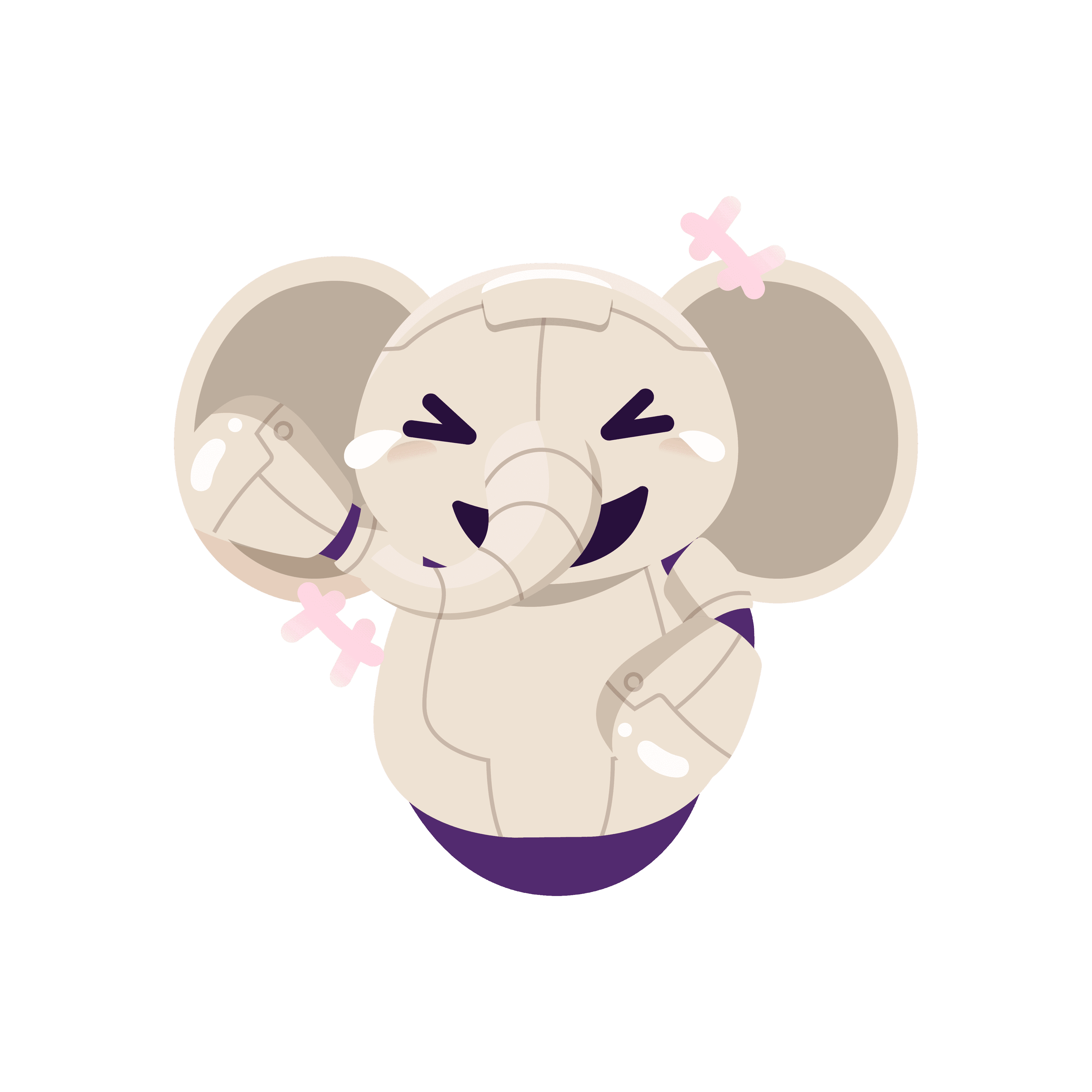A laughing cartoon elephant with tears of joy and pink flowers floating around.